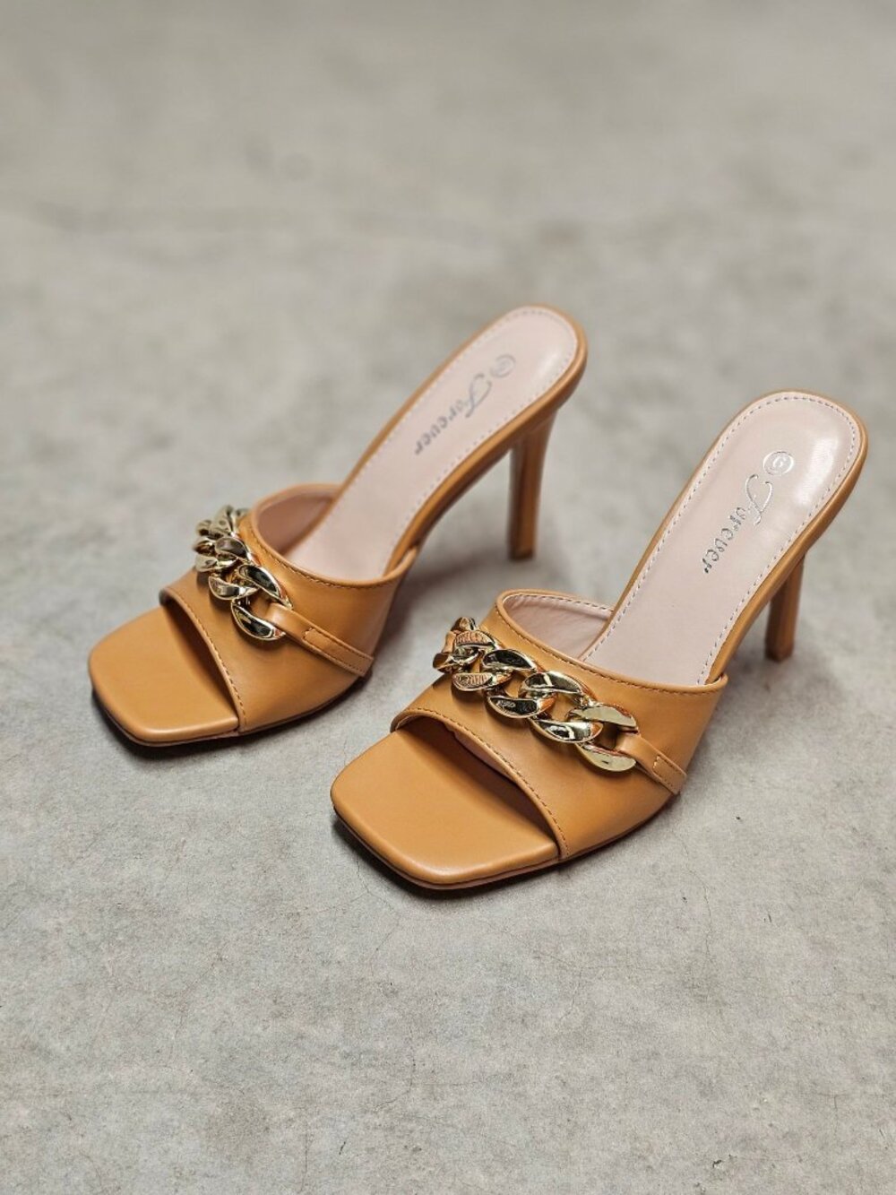 Tan Open-Toe Stiletto Heels With Gold Chain Detail - Picture 11 of 16